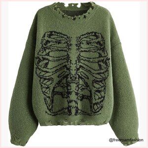 Oversized Skeleton Pattern Pullover Sweater, Long Sleeve, Chunky Knit